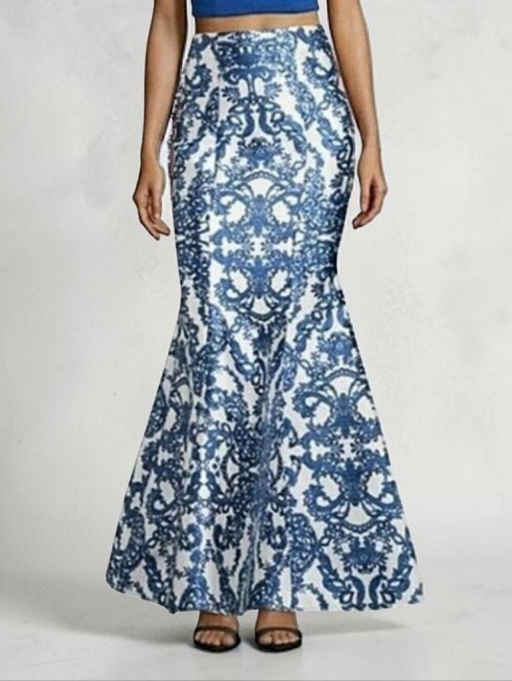 Blue Maxi Skirt By Speechless Satin Prom Trumpet Shape Scroll Pattern Sz L